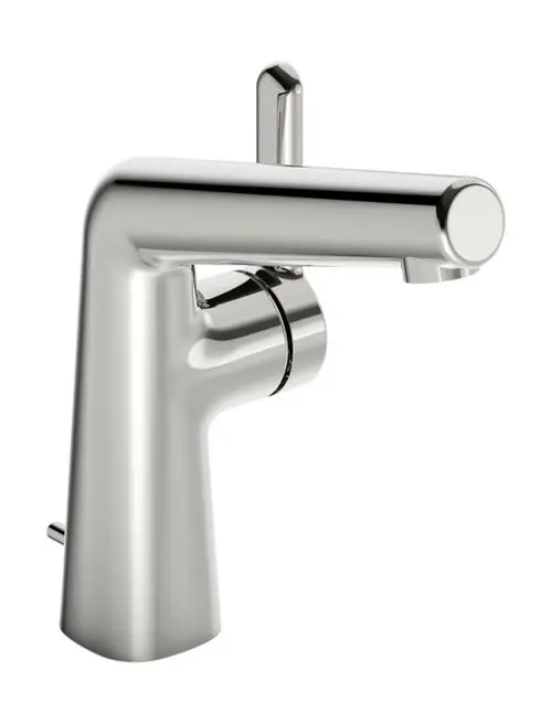 Einhebelmischer in Chrom-Finish mit gerader Auslaufhöhe, hergestellt von HANSA. Zugstangenablaufgarnitur ist integriert. Eignet sich für moderne Waschtischanlagen.